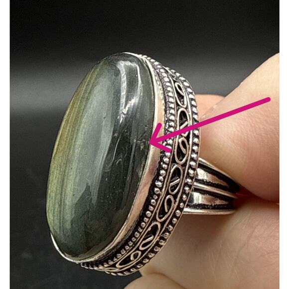 Handcrafted Labradorite Ring Size 7.5 Green Yellow Cabochon Silver Tone Band - Picture 4 of 10